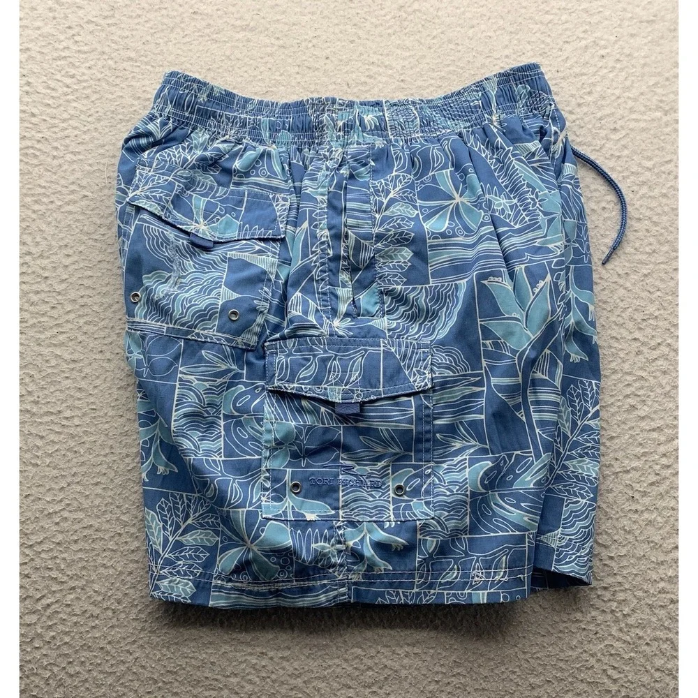 Tori Richard Swim Shorts Mens Medium Blue Hawaiian Tiki Lined Bathing Suit Flaws